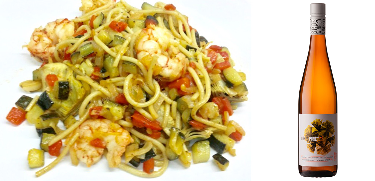 Receta & Vino. Spaghetti con verduras y gambas & Düfte Punkt